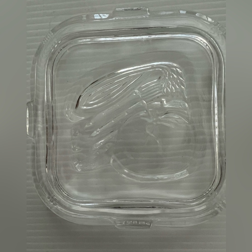 Vintage Clear Glass Ribbed storage Container embossed Vegetable design on lid.